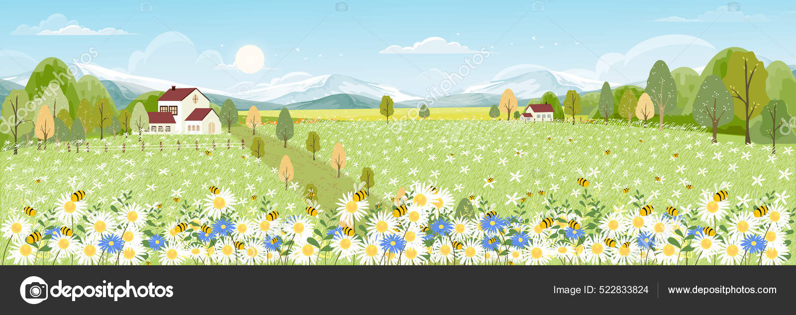 Campo Primavera Con Nubes Esponjosas Cielo Azul Lindo Panorama Dibujos  Vector de stock #522833824 de ©annbkk.gmail.com, image size:1600x633