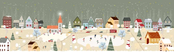 冬季的风景 庆祝圣诞和2022年的新年 在村里的夜晚 快乐的北极熊在公园里玩溜冰鞋 是乡间横幅冬季仙境的载体 — 图库矢量图片
