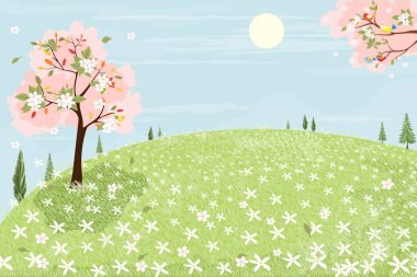 Kiraz çiçeği çerçeveli bahar manzarası, beyaz Sakura dalları ve papatya tarlasında kuşlu vektör karikatür sahnesi. Hello Spring veya Summer Time fırınları için şirin bir afiş.