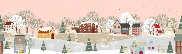 乡村背景下的无缝图案冬季夜晚的风景 有房子和森林松树的漫漫横幅冬季的仙境 庆祝圣诞节和新年的背景 — 图库矢量图片