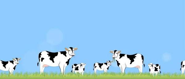Bezszwowy Wzór Wiosenny Krajobraz Zieloną Łąką Rodzinne Krowy Pasące Się — Wektor stockowy