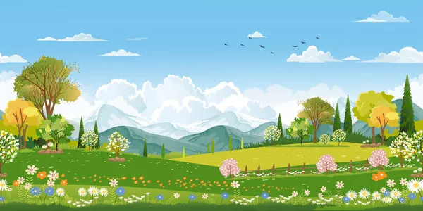 Kusursuz desenli bahar tarlası mavi gökyüzünde kabarık bulutlu, vektör arkaplan afişi sonsuz şirin panorama kırsal manzara yeşil çimenler güneşli bir günde çiçeklerin üzerinde uçuşan bal arısı