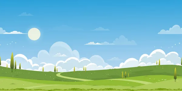 Nahtloses Muster Frühling Grüne Felder Landschaft Mit Berg Blauem Himmel — Stockvektor