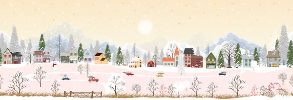 Kırsal arka planda kusursuz kış manzarası, sonsuz yatay sancak, ev ve çam ağacıyla kaplı kış harikalar diyarı, Noel ve yeni yılı kutlamak için zemin