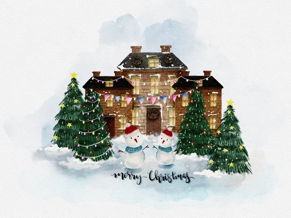 Acquerello Dipingere Albero Natale Con Casa Decorazione Lampadina Con Neve — Foto Stock