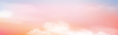 Pastel gökyüzü pembe, mor, turuncu renkte sabah, yatay fantezi renkli bulutlu gün batımı, Vector illüstrasyon tatlı arka plan bahar, yaz, sonbahar, kış tatili afişi