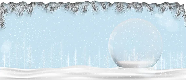 Весёлый Рождественский Подарок Снежный Шар Снежном Полу Сосна Голубом Фоне — стоковый вектор