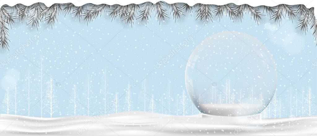 Merry Christmas gift snow globe on snow floor and  with pine tree on blue background,Winter wonderland landscape with Glass snow ball 3d design in white forest pine tree for New year 2022 