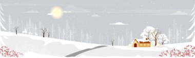 Kar yağışı olan kış manzarası, orman çam ağacı ve yapraksız dalları olan köydeki Vector Illustrasyon Harikalar Diyarı çiftlik evi. Noel bayramı veya yeni yıl bayramı için yatay pankart.