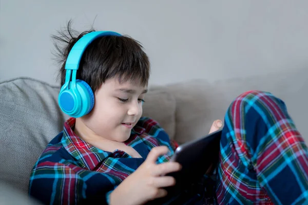 Happy Boy Wearing Headphone Listening Music Kid Smiling Face Having — Stock Photo, Image