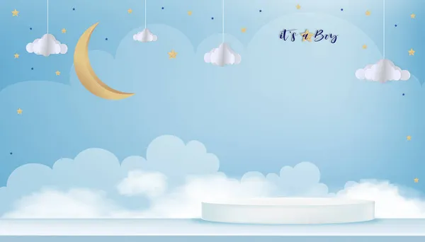 青い背景のベクトル少年シャワーカード かわいい紙アート抽象的な折り紙の雲の風景 三日月と青い空と3Dの表彰台の星 赤ちゃんの写真のためのコピースペースと紙のカット — ストックベクタ