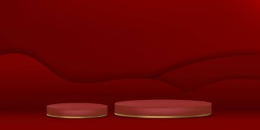 Stüdyo odası podyum silindiri kağıt kesiği arka plan, sahne kaidesi olan Kırmızı Galeri odası, Noel, Sevgililer Günü veya Çin Yeni Yılı ürünleri sunumu için minimum tasarım arkaplanı 