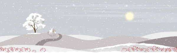 冬季风景全景 矢量与驯鹿家庭和雪在冬季仙境横向横幅 可爱卡通圣诞和新年背景贺卡 — 图库矢量图片