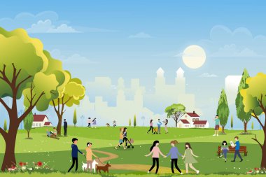 Ailenin parkta eğlendiği bir sabah parkı, köpeği gezdiren çocuklar, telefonla konuşan bir adam, bankta oturan kadınlar, ağacın altında kitap okuyan iki adam, yaz zamanı şehir hayatı tarzında insanlar.
