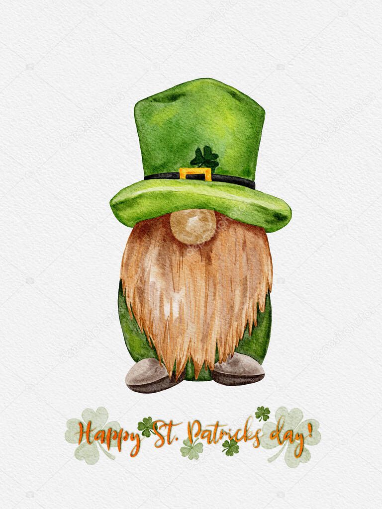 St Patrick day leprechaun with four leaves clovers, Greeting card a gnomes with shamrock a luck symbols. illustration Watercolour green Scandinavian Dwarfs collection in Celtic, Irish style