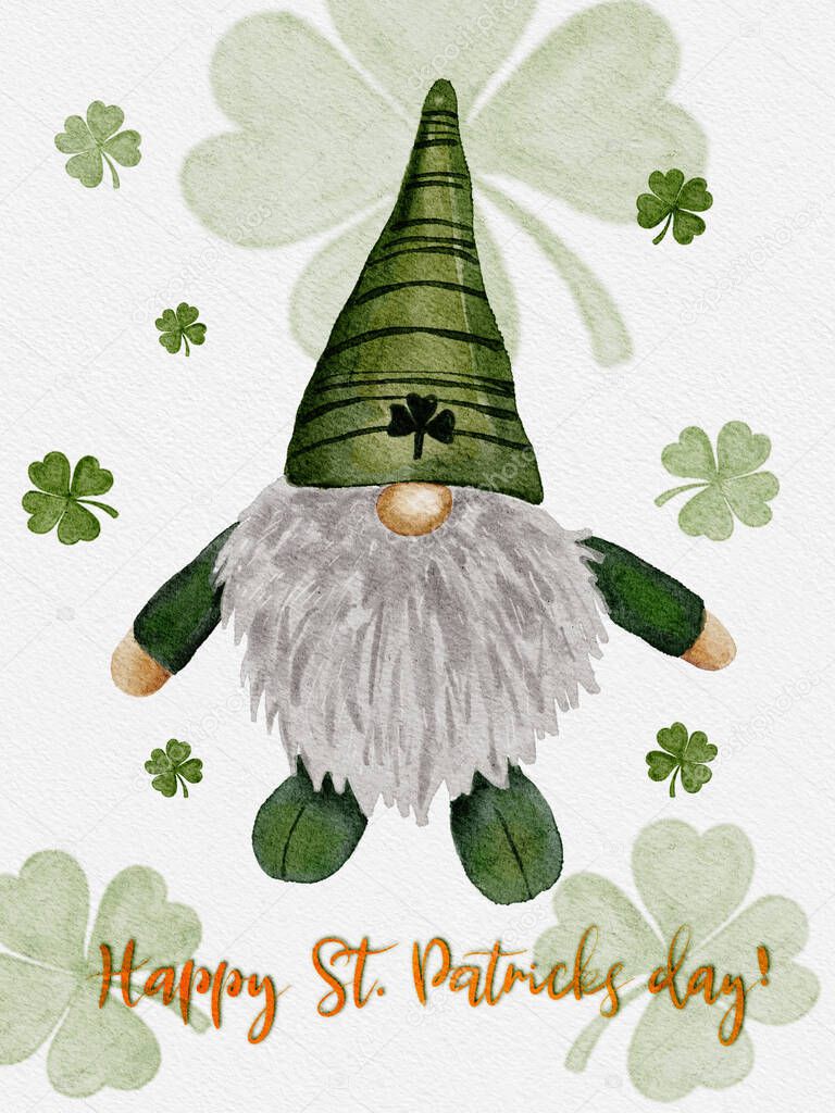 St Patrick day leprechaun in striped hat with four leaves clovers,Greeting card A gnomes with shamrock a luck symbols.illustration Watercolour green Scandinavian dwarf collection in Celtic Irish style
