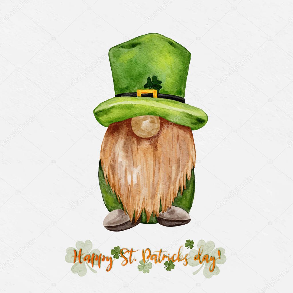 St Patrick day leprechaun with four leaves clovers, Greeting card a gnomes with shamrock a luck symbols.Vector Watercolour green Scandinavian Dwarfs collection in Celtic, Irish style