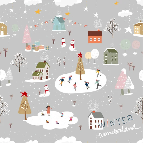 Seamless Pattern Winter Wonderland Landscape Village Vector Happy Kid Playing — Stock Vector