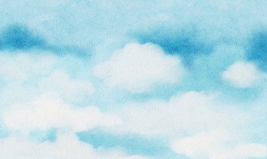 Mavi gökyüzü, kabarık bulutlu, suluboya el boyası, beyaz kağıda gökyüzü, tatil kartı için güzel bir arkaplan, bahar ya da yaz zamanı konsepti satışı, fotokopi arkaplan