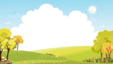 Mavi gökyüzü ve bulutlu bahar manzarası, kopyalama alanı olan Panorama Green alanları, yeşil çimen arazili ilkbaharda taze ve huzurlu kırsal doğa. Çocuk afişi için karikatür vektör illüstrasyonu yazı