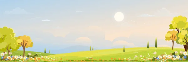 Frühling Grüne Felder Landschaft Orangen Blauer Himmel Und Wolken Hintergrund — Stockvektor