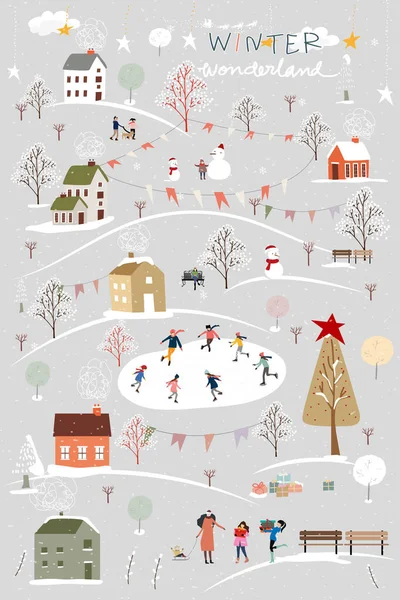Winter Wonderland Landschap Achtergrond Met Mensen Vieren Kinderen Hebben Plezier — Stockvector