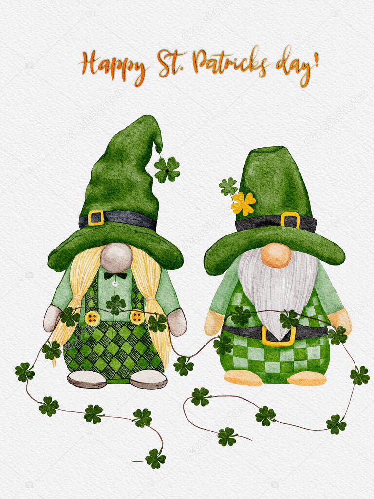 St Patrick day leprechaun in green hat with four leaves clovers,Greeting card Gnomes with shamrock a luck symbols.illustration Watercolour green Scandinavian dwarf collection in Celtic Irish style