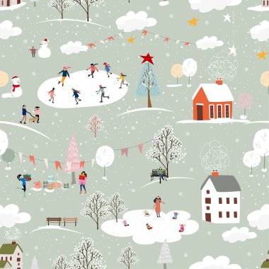 Köydeki kusursuz kış harikalar diyarı manzarası, parkta buz pateni yapan Vektör Mutlu çocuk, Noel ve 2022 yıllarında tatilde Sonsuz Kış gece hayatı.