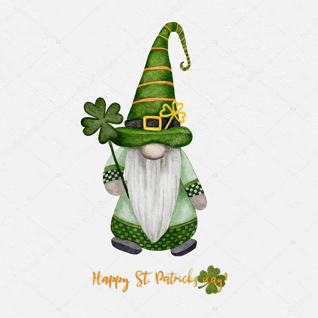 St Patrick day leprechaun with four leaves clovers, Greeting card a gnomes with shamrock a luck symbols.Vector Watercolour green Scandinavian Dwarfs collection in Celtic, Irish style