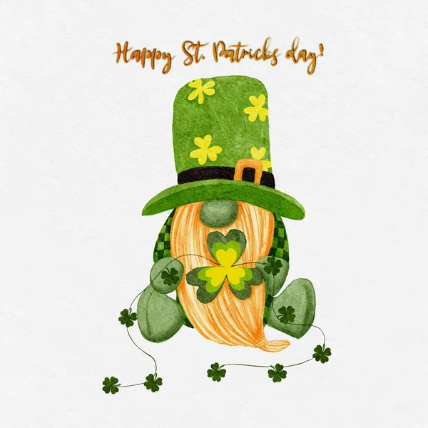 Leprechaun Dzień Patryka Czterema Liśćmi Koniczyny Karta Okolicznościowa Gnomes Shamrock — Wektor stockowy