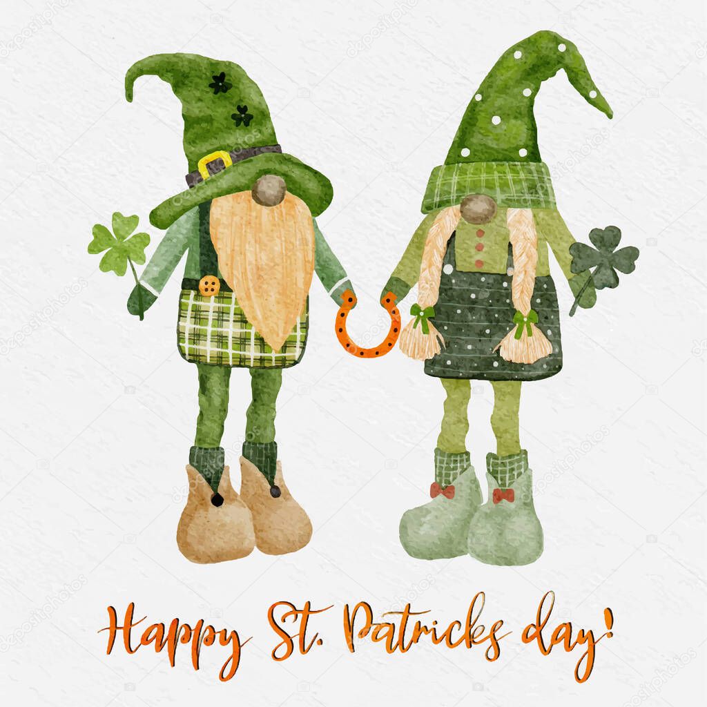 Set St. Patrick day leprechaun with four leaves clovers, Greeting card a gnomes with shamrock a luck symbols.Vector Watercolour green Scandinavian Dwarfs collection in Celtic, Irish style