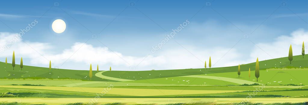 Spring time,Summer sunny day landscape in village with green field, cloud and blue sky background.Rural countryside with mountain, grass land and sunlight in Morning,Vector Cartoon Nature banner 