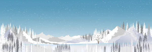 Winter Wonderland Landscape Lake Covered Frost Tree Snowdrifts Magical Winter — Stockvektor