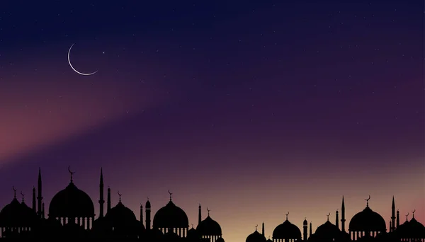 Kartu Eid Mubarak Masjid Siluet Dome Malam Hari Dengan Bulan - Stok Vektor