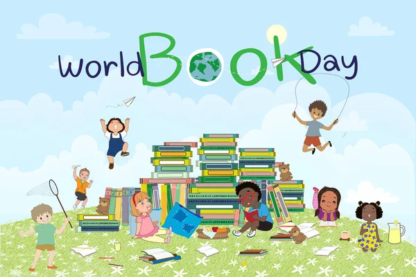 Día Mundial Del Libro Con Pila Libro Niños Sentados Leyendo — Archivo Imágenes Vectoriales
