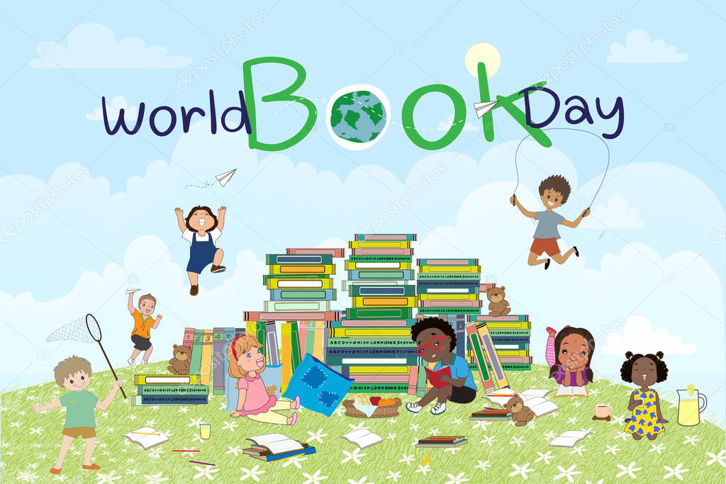 World book day with Stack of book,kids sitting reading book,having picnic and playing in grass field,Vector cute cartoon Schoolchildren relaxing outdoor on Book week,back to school,Education concept 