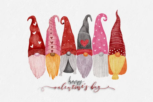 Happy Valentines Day Cute Set Character Gnomes Red Pink Hat — Vettoriale Stock