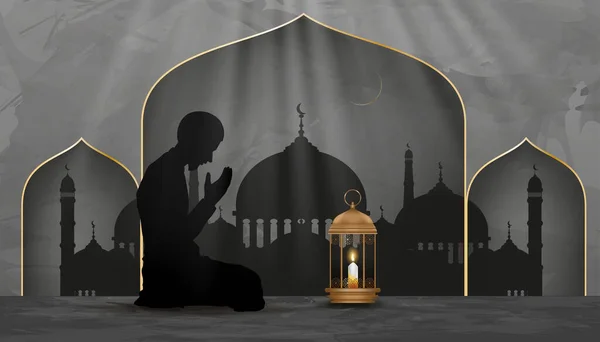Latar Belakang Eid Mubarak Siluet Muslim Manusia Membuat Permohonan Masjid - Stok Vektor