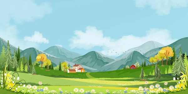 Paesaggio Panoramico Paese Primaverile Con Prato Verde Colline Con Cielo — Vettoriale Stock