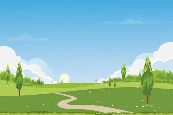 Campos Verdes Primavera Paisaje Con Montaña Cielo Azul Fondo Nubes — Vector de stock