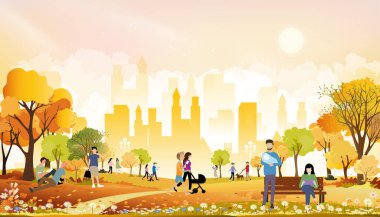 Autumn landscape in city park with happy people having fun, family walking the dog,boy talking on phone, man reading news paper and a girl sitting on bench having coffee reading book in orange foliage