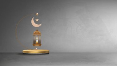 Eid Mubarak greeting card background with Crescent Moon,Star,Traditional islamic lantern on gray cement wall texture background.Vector Backdrop of Muslim Symbolic for Ramadan 