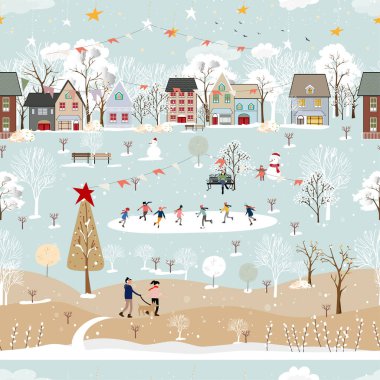 Seamless pattern Winter wonderland landscape in village,Vector Happy kid playing ice skates in the park, Endless Winter city nightlife on holiday for Christmas and new year 2023 background