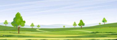 İlkbahar, güneşli yaz mevsimi Yeşil tarlalı, bulutlu ve mavi gökyüzü arka planlı köy manzarası. Dağlı kırsal alan, çayır, sabah güneş ışığı, Vector Doğa çizgi filminin arka planı.