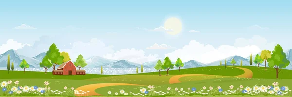 Frühlingslandschaft Dorf Mit Grünem Feld Und Sonnenuntergang Vector Flaches Cartoon — Stockvektor