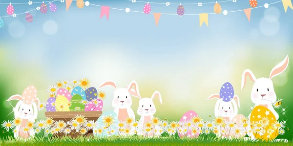 Easter Greeting Card Cute Bunny Hunt Easter Eggs Grass Field - Stok Vektor