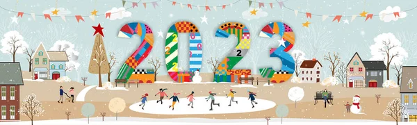 Yeni Yıl 2023 kartın kutlu olsun, şehirde insanların Noel arifesinde kutladığı Vector Kış manzarası. Şehrin parkında mutlu çocukların buz pateni yaptığı kış harikalar diyarı. 