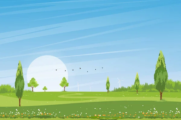 Spring Time Sunny Day Summer Landscape Village Green Field Cloud — Stock Vector