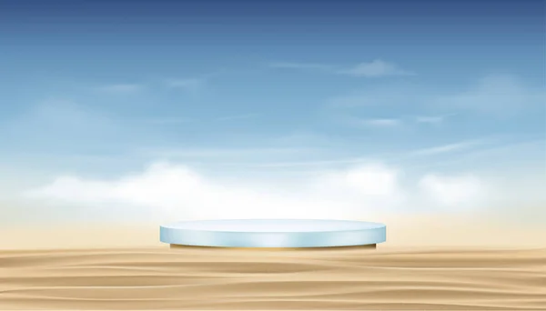 Backdrop Podium Cylinder Stojan Písečné Pláži Nadýchaný Mrak Blus Nebe — Stockový vektor