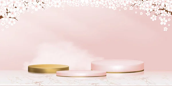 スタジオルーム 春のアップルの花ピンクの空の背景 ベクトル3Dバックバナーシリンダースタンドプラットフォームローズゴールド箔大理石の花の枝ピンクの桜 — ストックベクタ